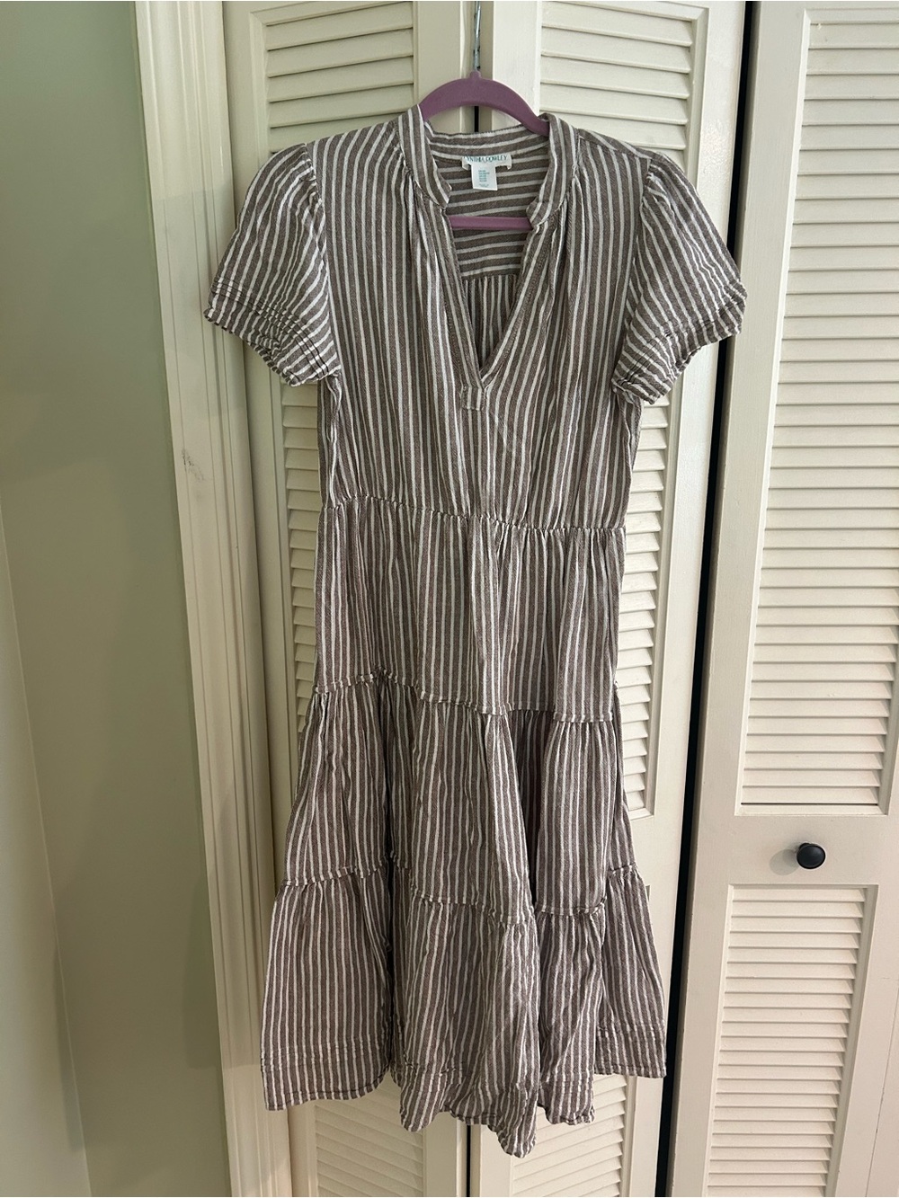 Cynthia Rowley Taupe and White Striped Tiered Maxi Dress